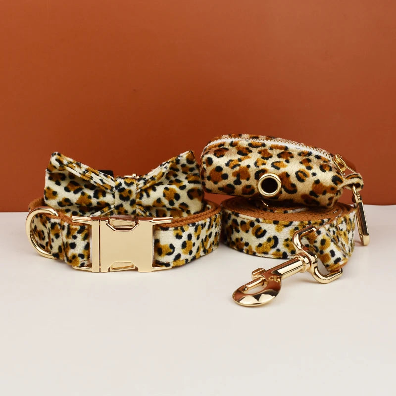 New Arrival Customized Designer Logo Leopard Print on Brown Base Soft Cotton Dog Collar Leashes Harness Poo Bag Holder Animal 01